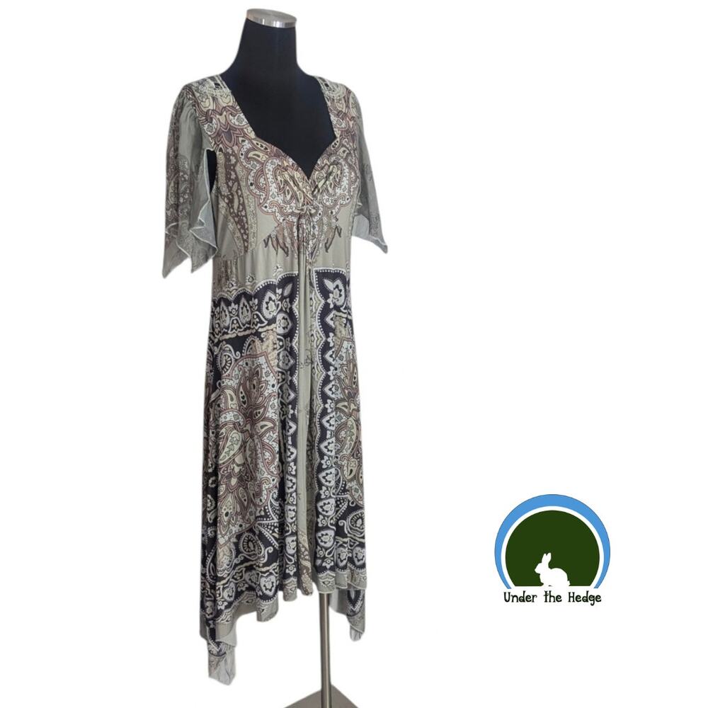 Y2K One World Gray Paisley Handkerchief Hem Flutter Sleeve Dress Large Fairy